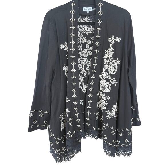 Boho Embroidered Black Flowy Beach Resortwear Kimono Blouse Vacation Medium - Picture 1 of 8